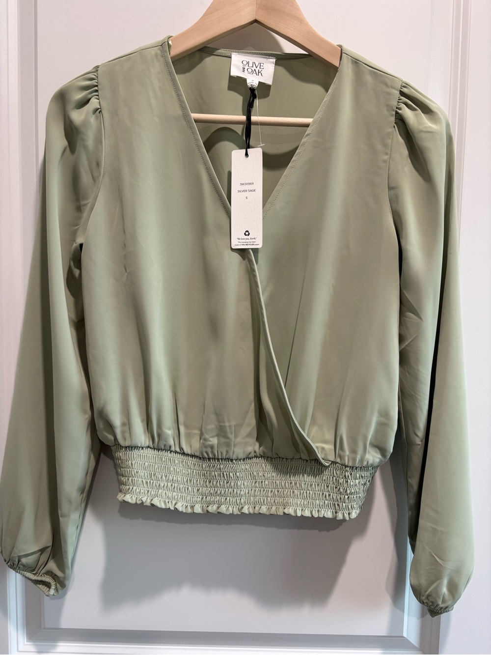 Olive & Oak Light Sage Wrap Blouse with Smocked Hem